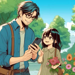 公園で携帯電話を草木や花にかざして調べている父と娘