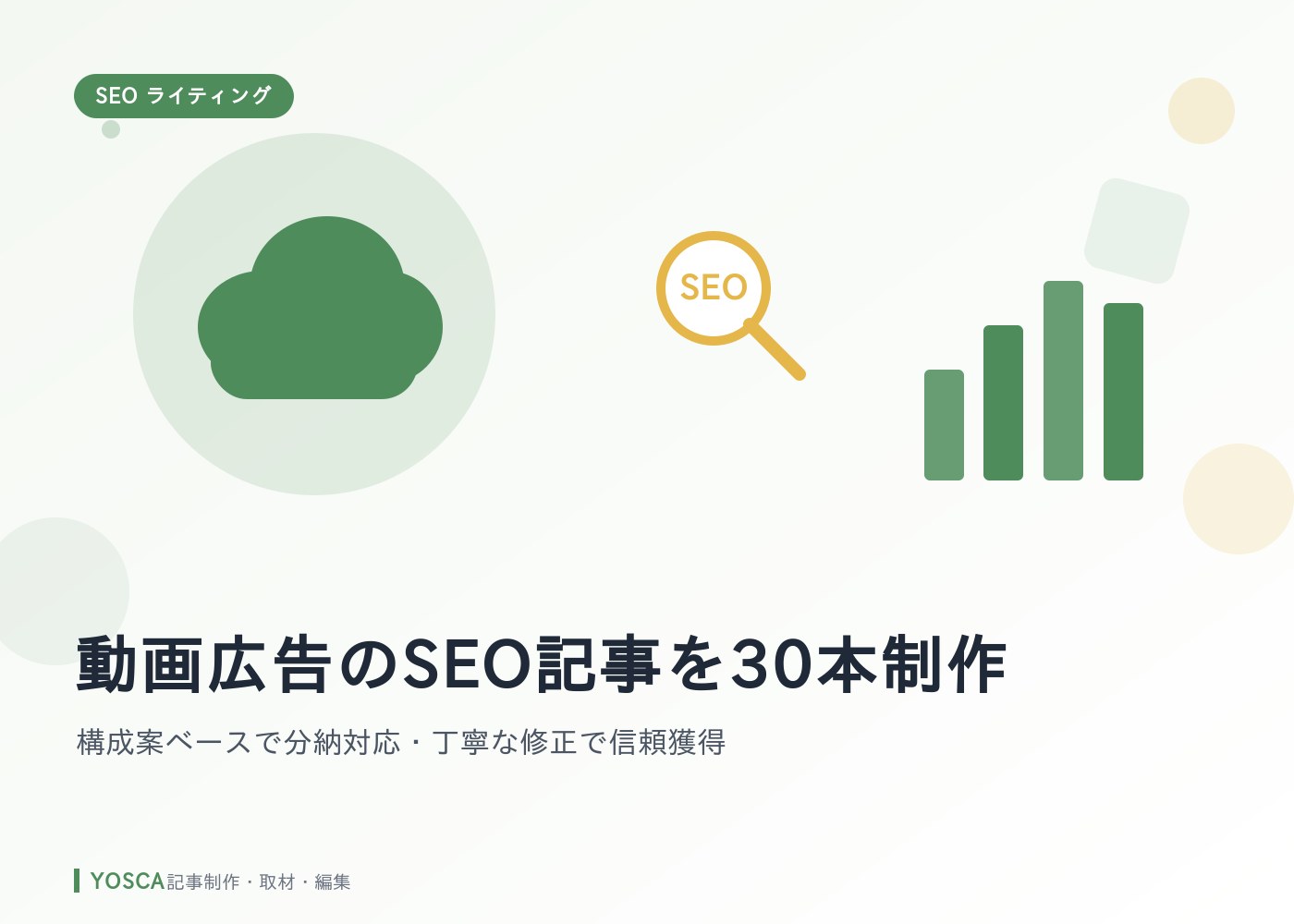 動画広告のSEO記事を30本制作｜構成案ベースで分納対応・丁寧な修正で信頼獲得