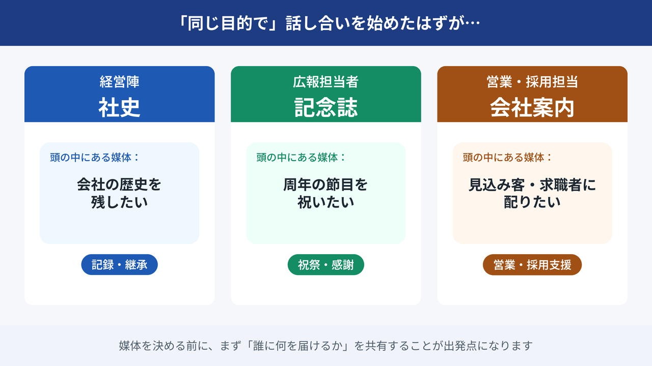 社史・記念誌・会社案内の3つの役割の違いを示す図