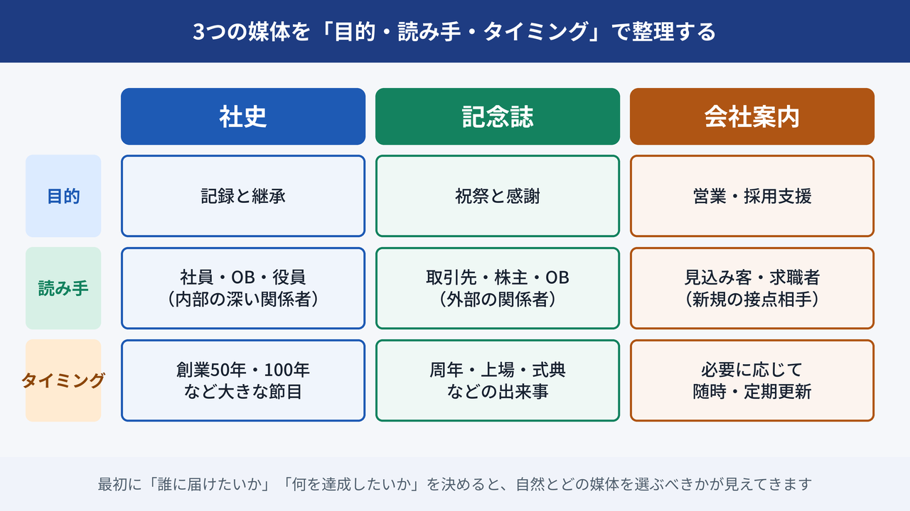目的・読み手・タイミングで整理した3つの媒体の比較表