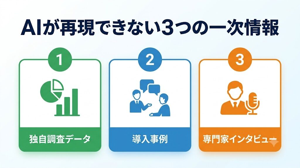 AIが再現できない3つの一次情報(独自調査データ・導入事例・専門家インタビュー)