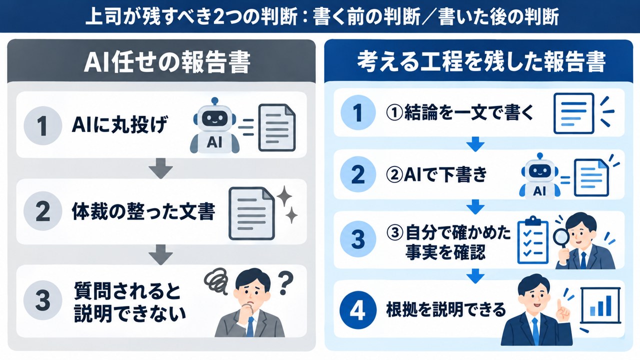 AI任せの報告書と考える工程を残した報告書の比較図