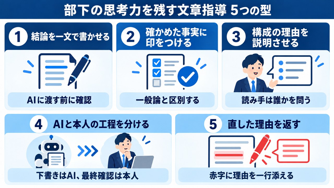 部下の思考力を残す文章指導5つの型の図解